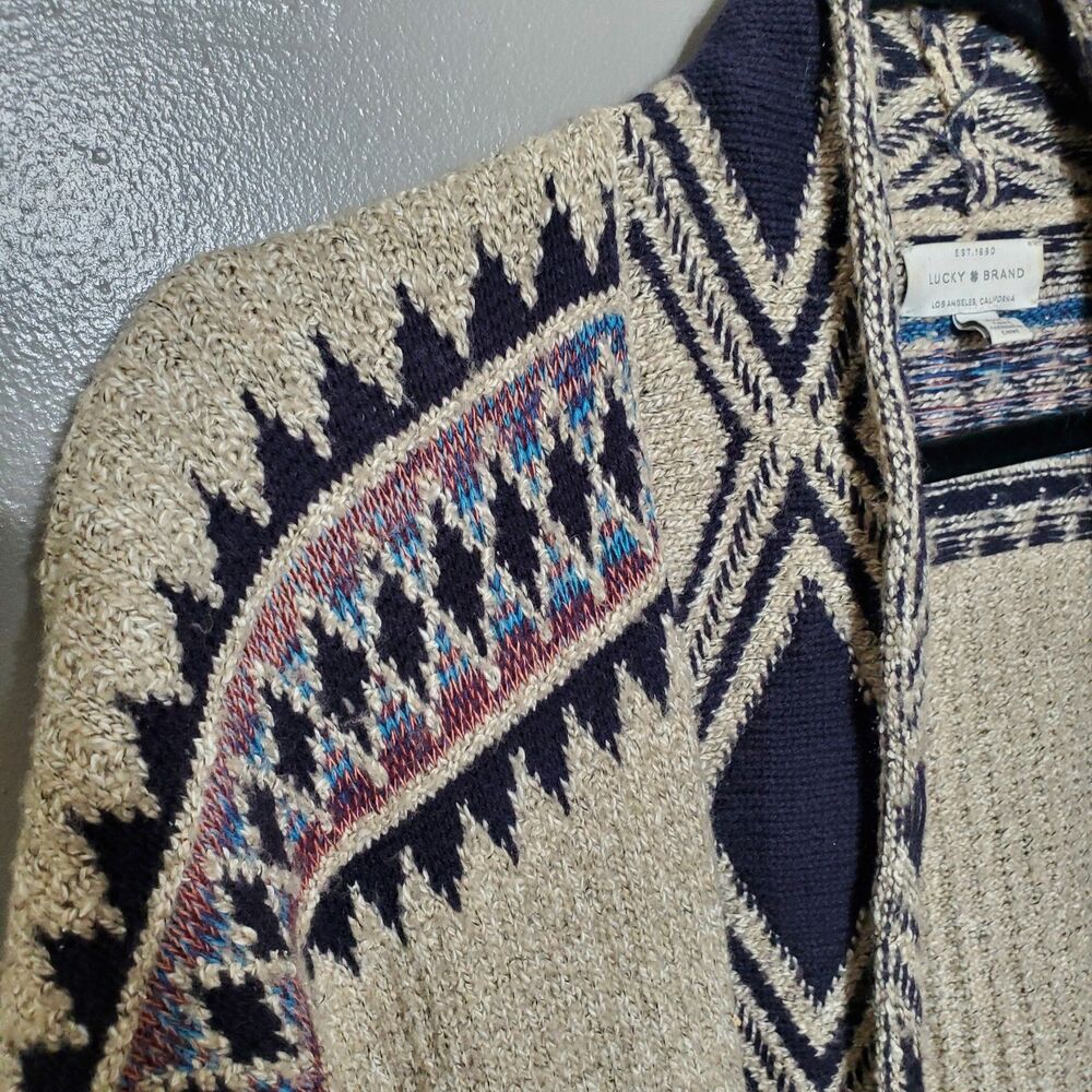 Lucky Brand Cardigan Sweater Size L/XL Oatmeal Tribal Aztec Western Open Front - Picture 4 of 12